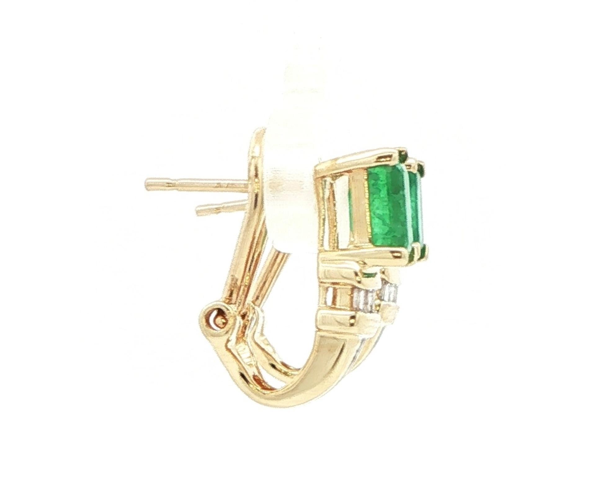 Estate Piece: Prong-Set Emerald with Channel-Set Diamond Accent Omega-Back Earrings in Yellow Gold (1.14cts TWT) side