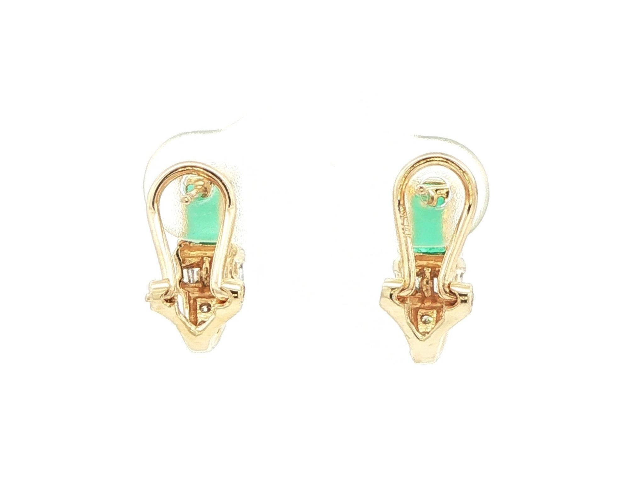 Estate Piece: Prong-Set Emerald with Channel-Set Diamond Accent Omega-Back Earrings in Yellow Gold (1.14cts TWT) back