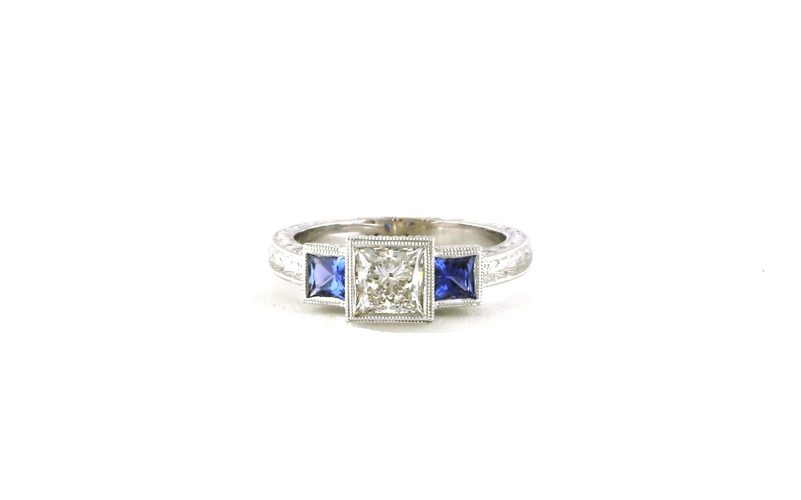 Art Deco 3-Stone Princess-cut Diamond and Montana Yogo Sapphire Ring with Hand Engraving  in White Gold (1.55cts TWT)