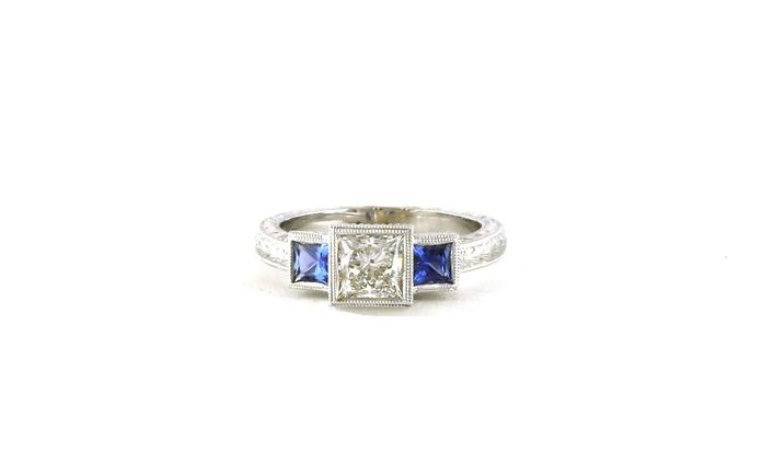content/products/Art Deco 3-Stone Princess-cut Diamond and Montana Yogo Sapphire Ring with Hand Engraving in White Gold (1.55cts TWT)