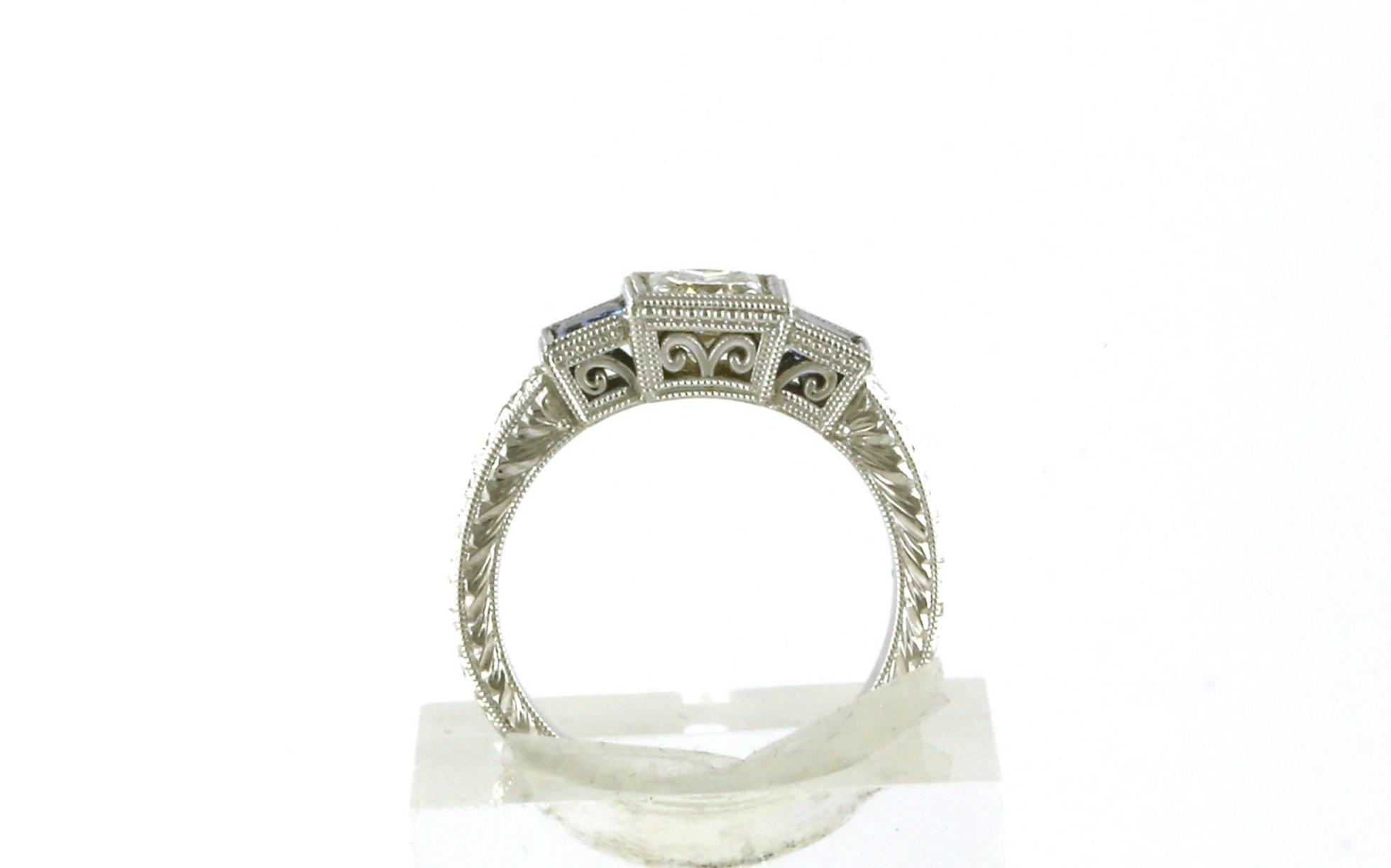 Art Deco 3-Stone Princess-cut Diamond and Montana Yogo Sapphire Ring with Hand Engraving in White Gold (1.55cts TWT) side