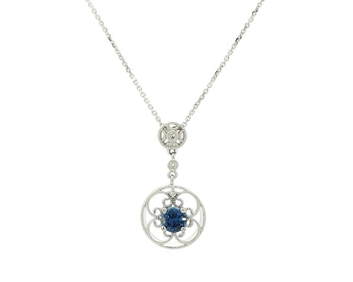 content/products/Vintage Style Filigree Montana Yogo Sapphire and Diamond Necklace in White Gold (0.34cts TWT)