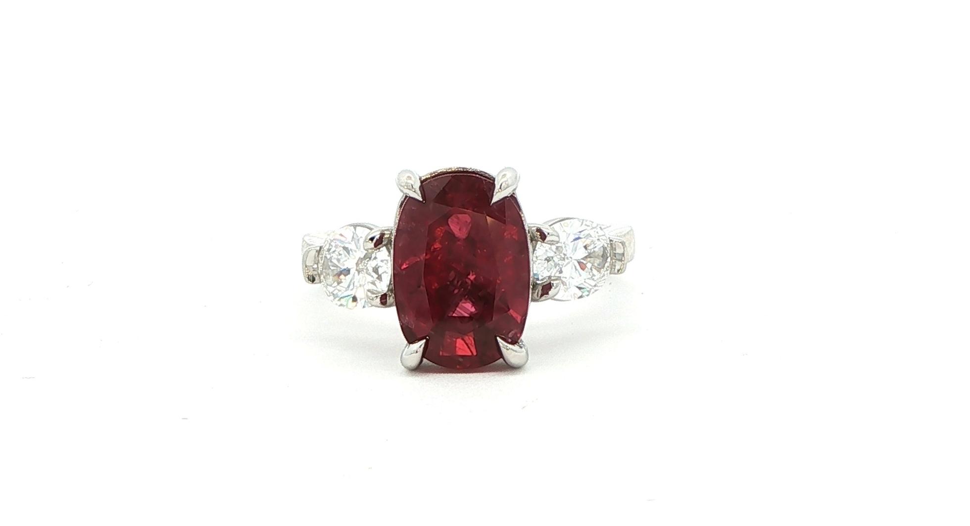 Three-Stone Claw-Prong Ruby and Diamond Ring in Platinum (4.74cts TWT)