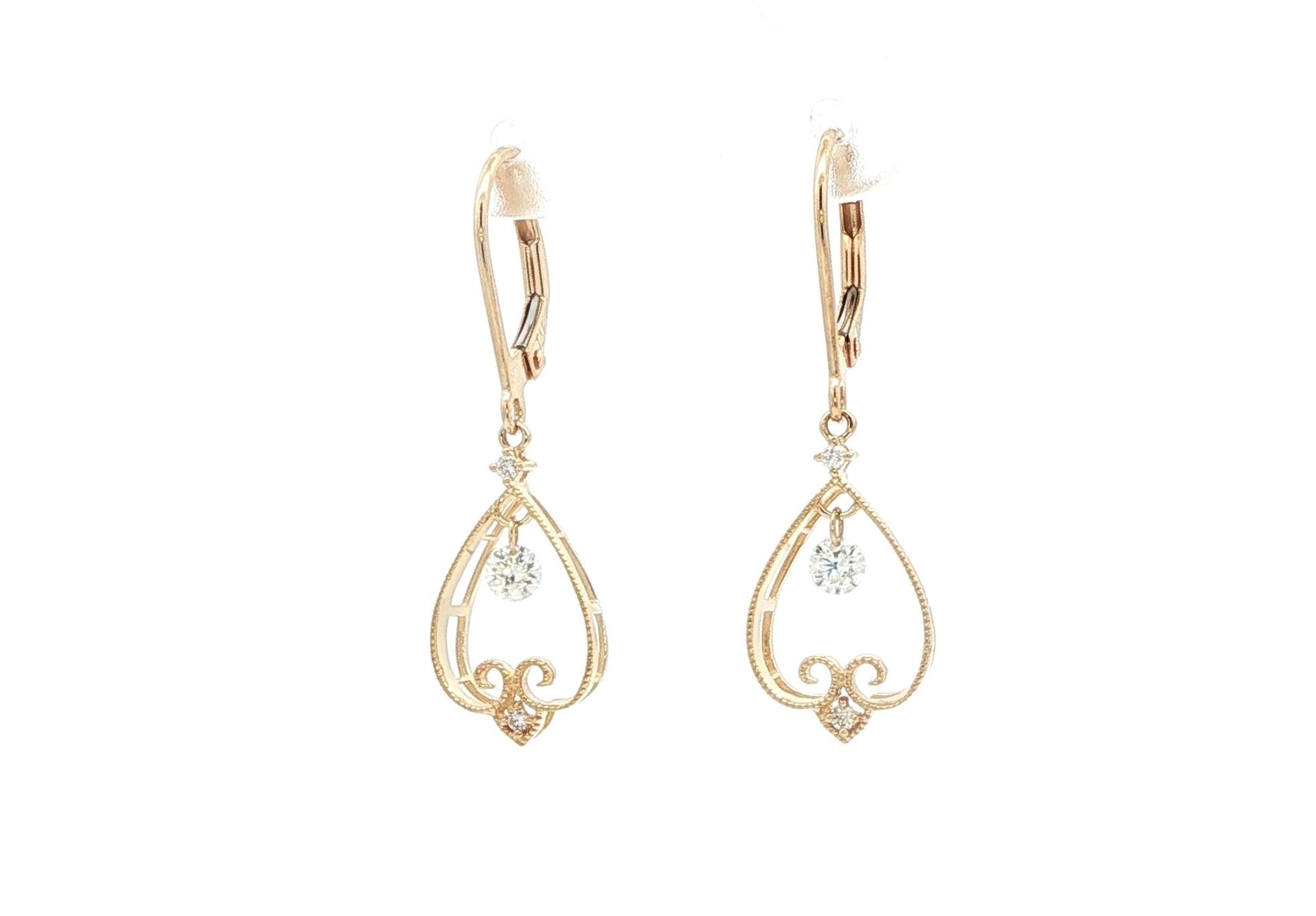 Vintage-Style Diamond Dangle Leverback Earrings in Yellow Gold (0.23cts TWT)