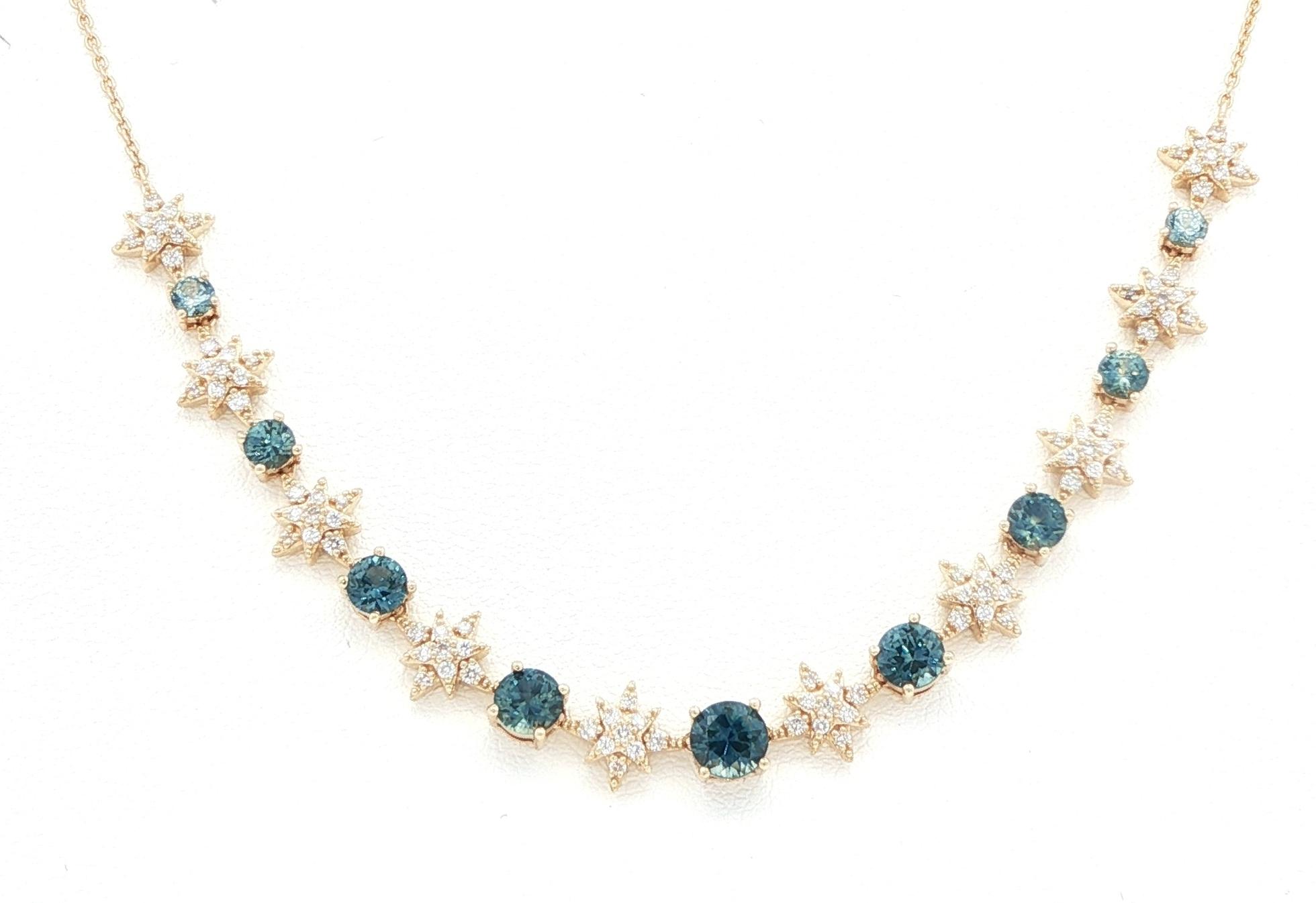 Alternating Montana Sapphire and Diamond Pave Star and 4-Prong Necklace in Yellow Gold (3.36cts TWT)