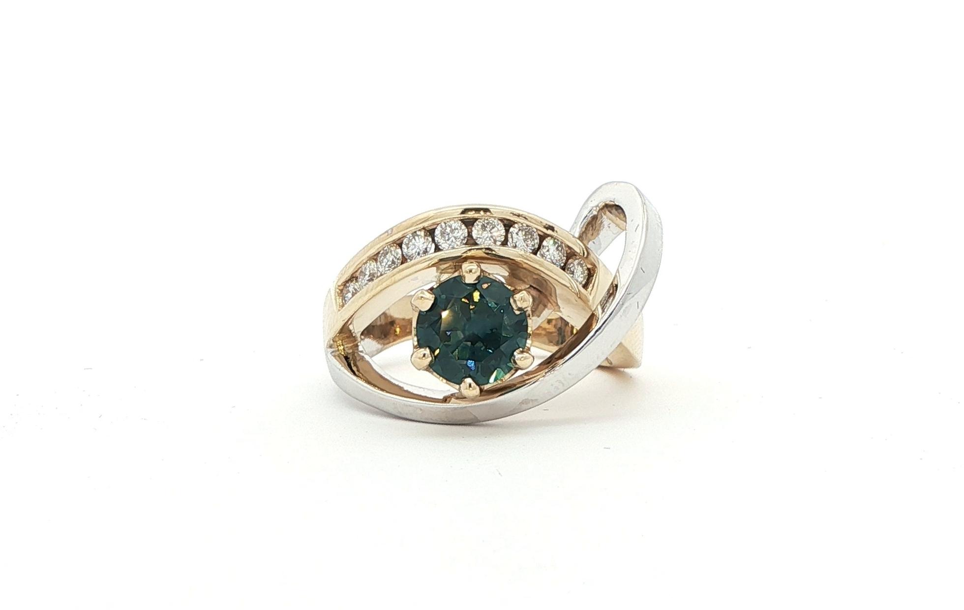 Two Tone Crossover 6-Prong Montana Sapphire with Channel-Set Diamond Ring in White and Yellow Gold (1.67cts TWT)