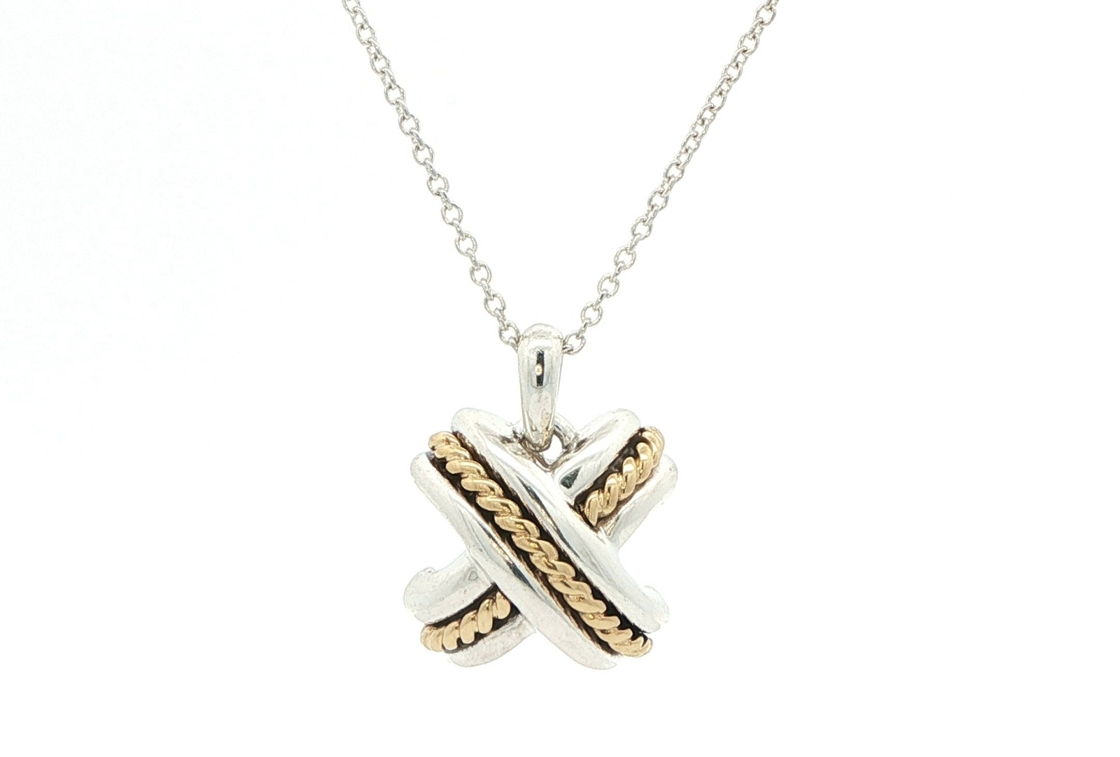 Estate Piece: Tiffany & Co Two Tone Crossover Necklace in Sterling Silver and Yellow Gold