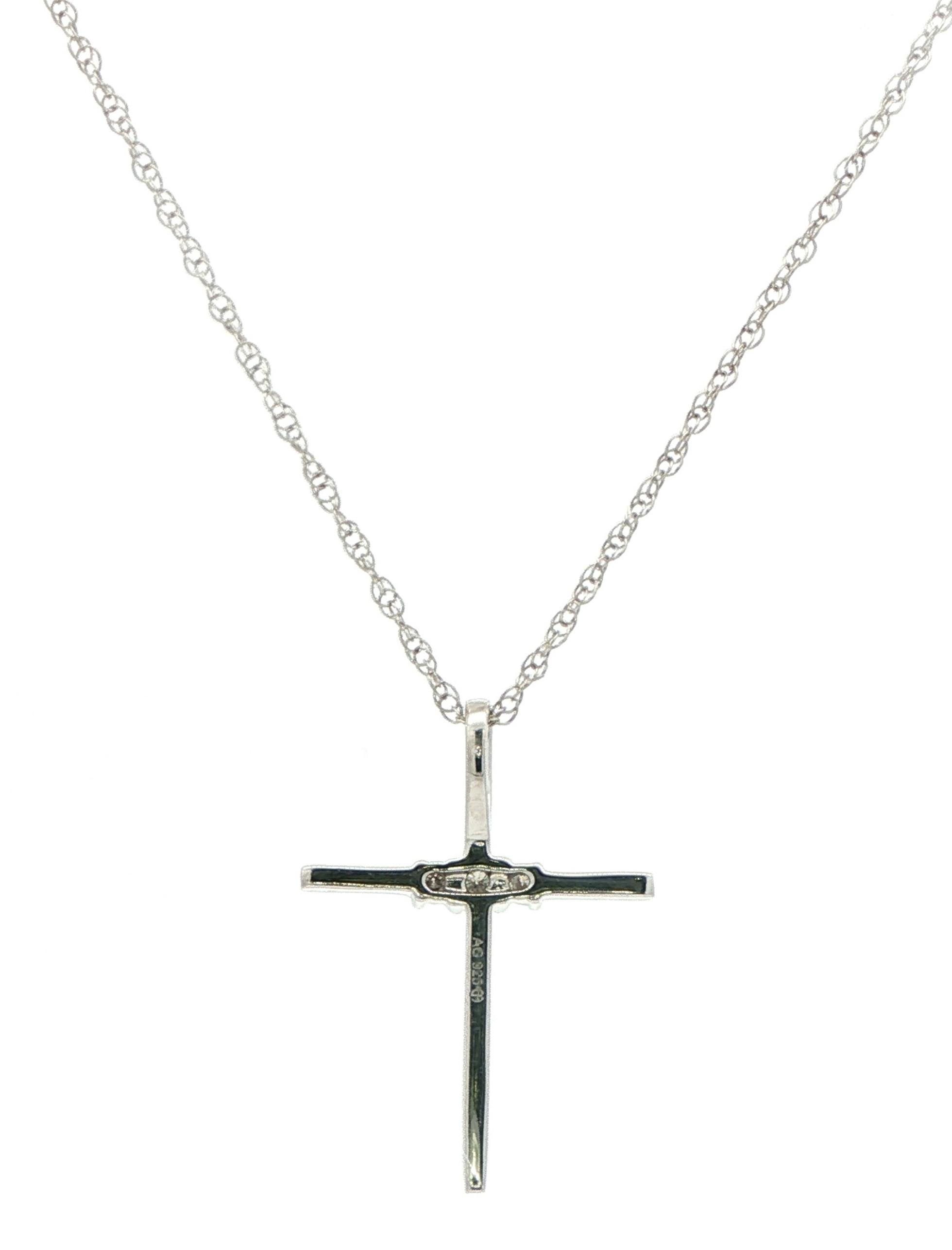 Three-Stone Prong-Set Diamond Cross Necklace in Sterling Silver (0.08cts TWT) back