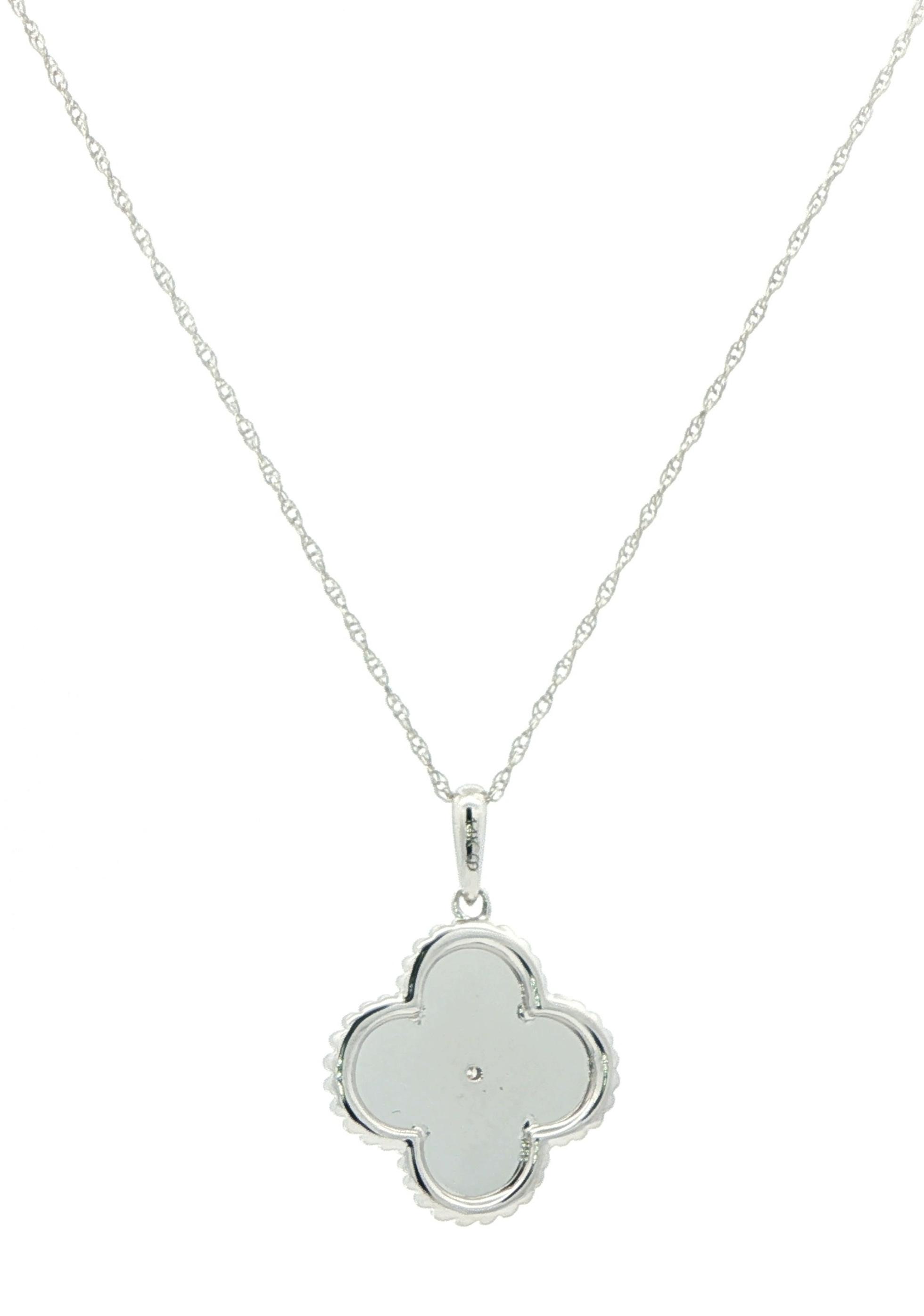 Diamond Solitaire Beaded Fluted Clover Necklace in White Gold (0.04ct) back