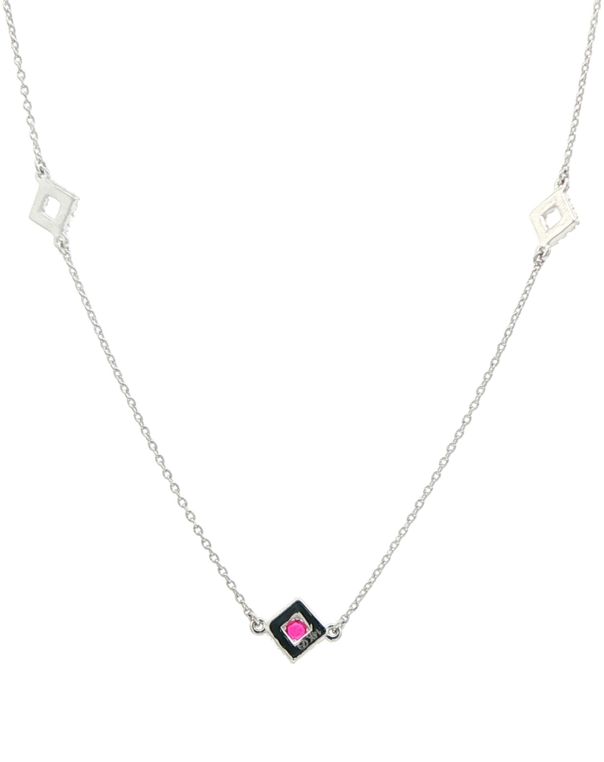 Ruby with Diamond Halo Station Necklace in White Gold (0.25cts TWT) back