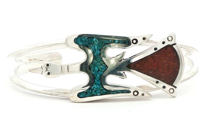 content/products/Estate Piece: Turquoise and Coral Inlay Thunderbird Cuff Bracelet in Sterling Silver