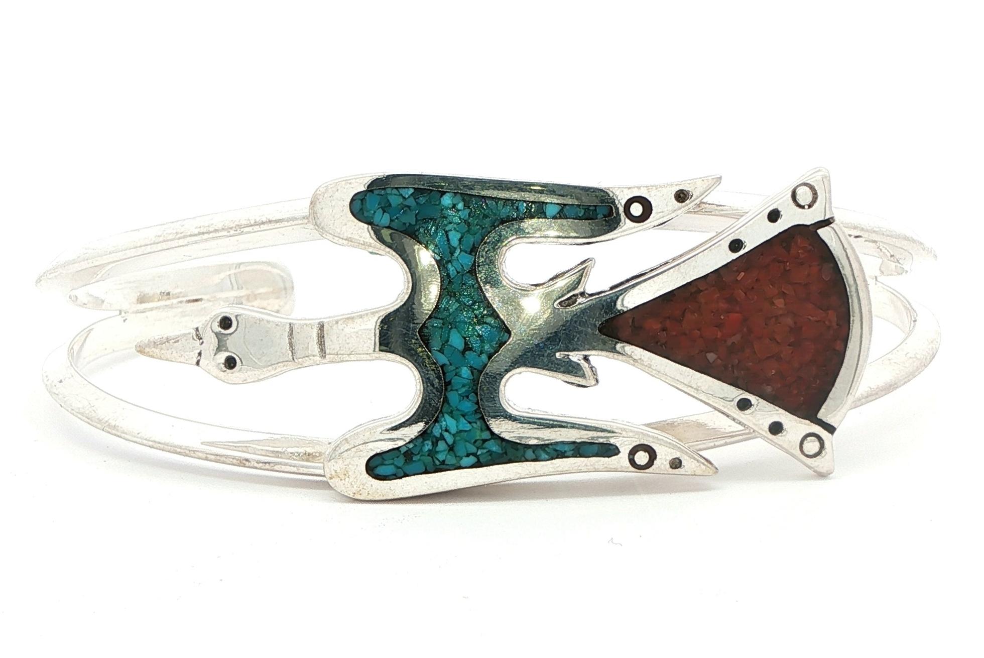 Estate Piece: Turquoise and Coral Inlay Thunderbird Cuff Bracelet in Sterling Silver