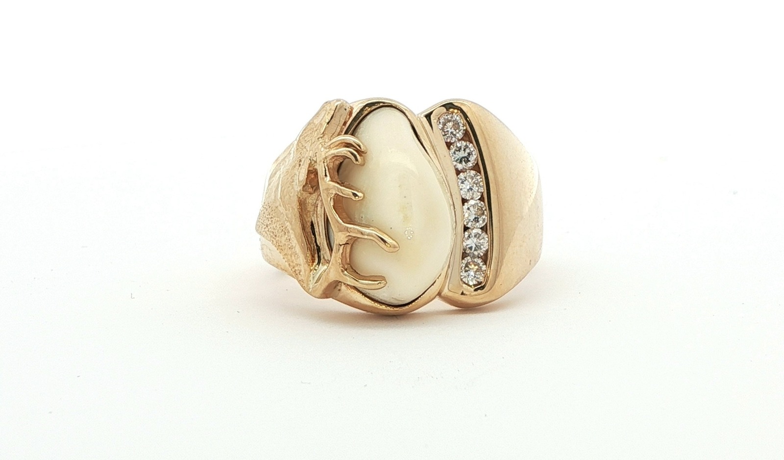 Estate Piece: Carved Elk Ivory and Diamond Ring in Yellow Gold (0.24cts TWT)