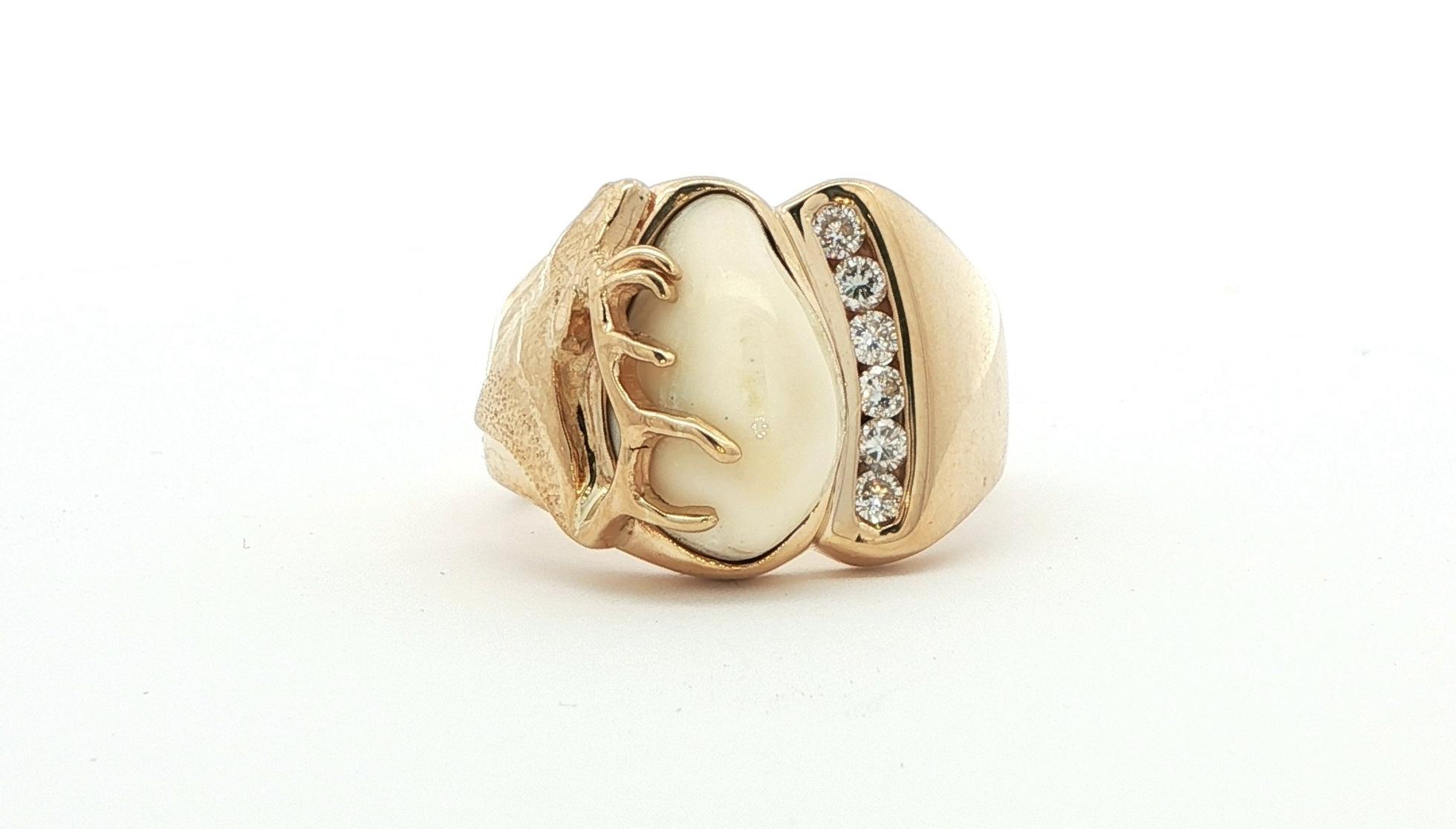 Estate Piece: Carved Elk Ivory and Diamond Ring in Yellow Gold (0.24cts TWT)