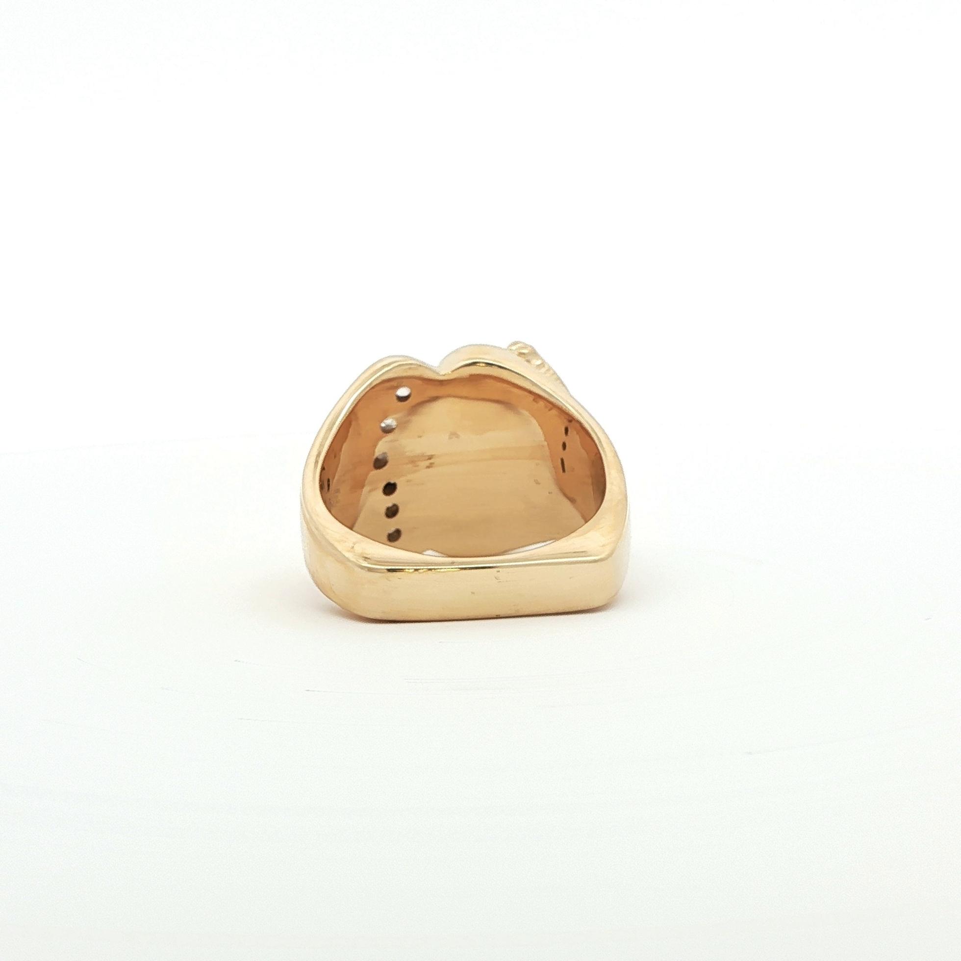 Estate Piece: Elk Head Elk Ivory Ring with Channel-set Diamond Accent in Yellow Gold (0.24cts TWT) back