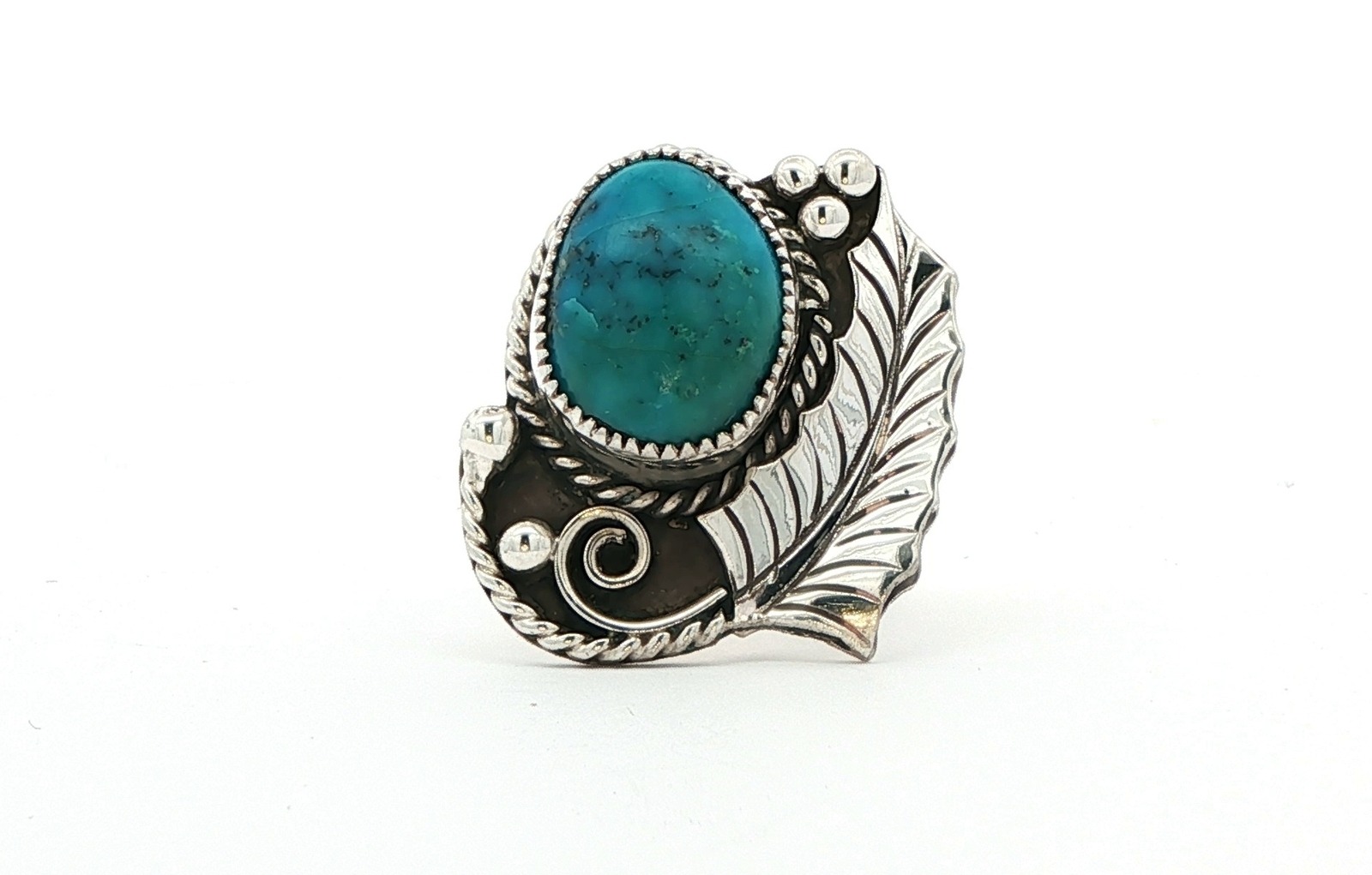 Estate Piece: Leaf Decal Turquoise Ring in Sterling Silver