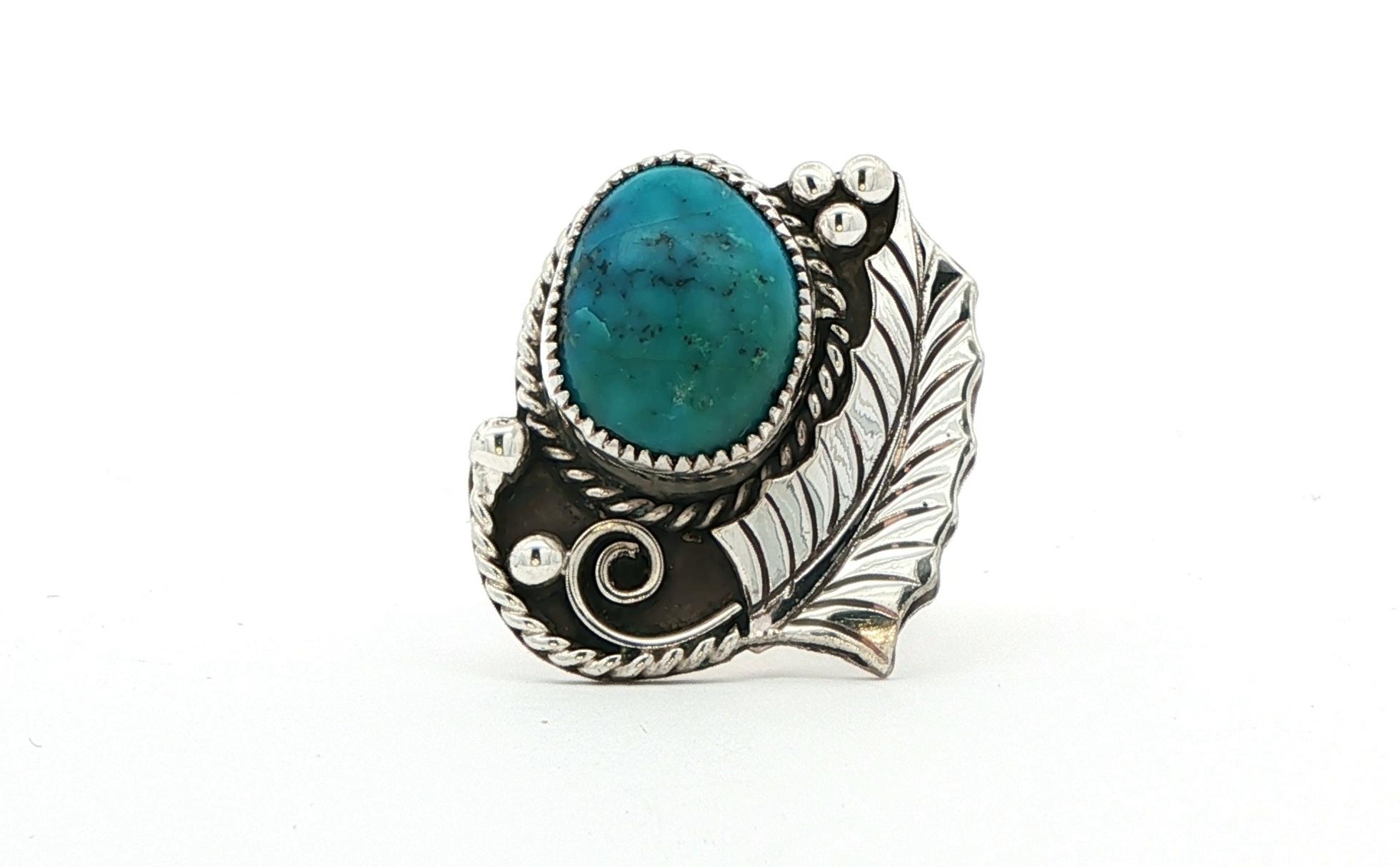 Estate Piece: Leaf Decal Turquoise Ring in Sterling Silver