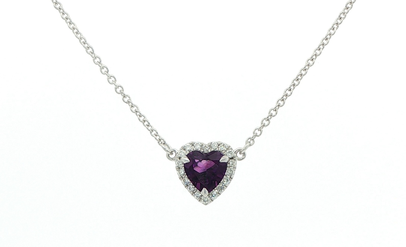 Estate Piece: Split Chain Amethyst Heart and Diamond Halo Necklace in White Gold (0.93cts TWT)