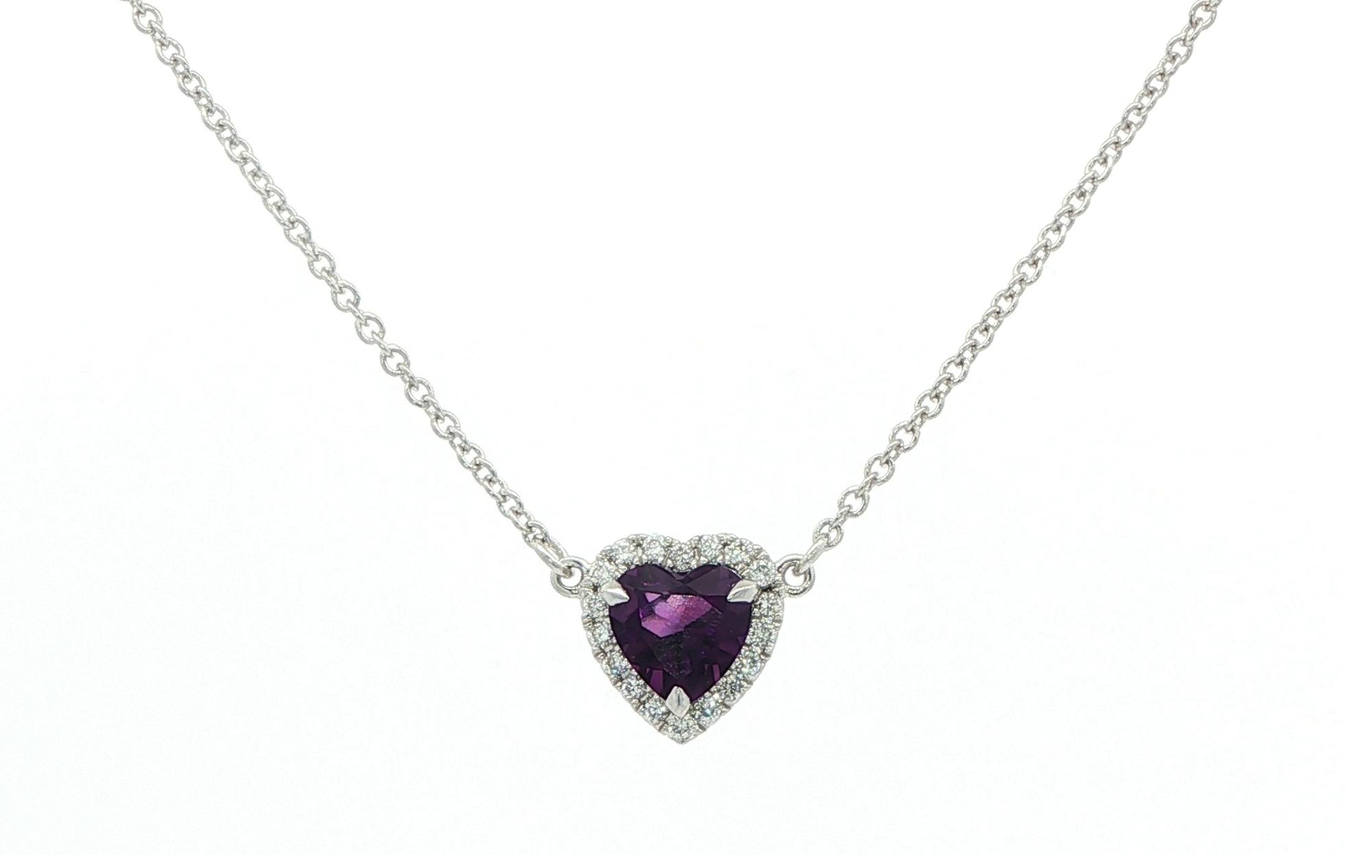 Estate Piece: Split Chain Amethyst Heart and Diamond Halo Necklace in White Gold (0.93cts TWT)