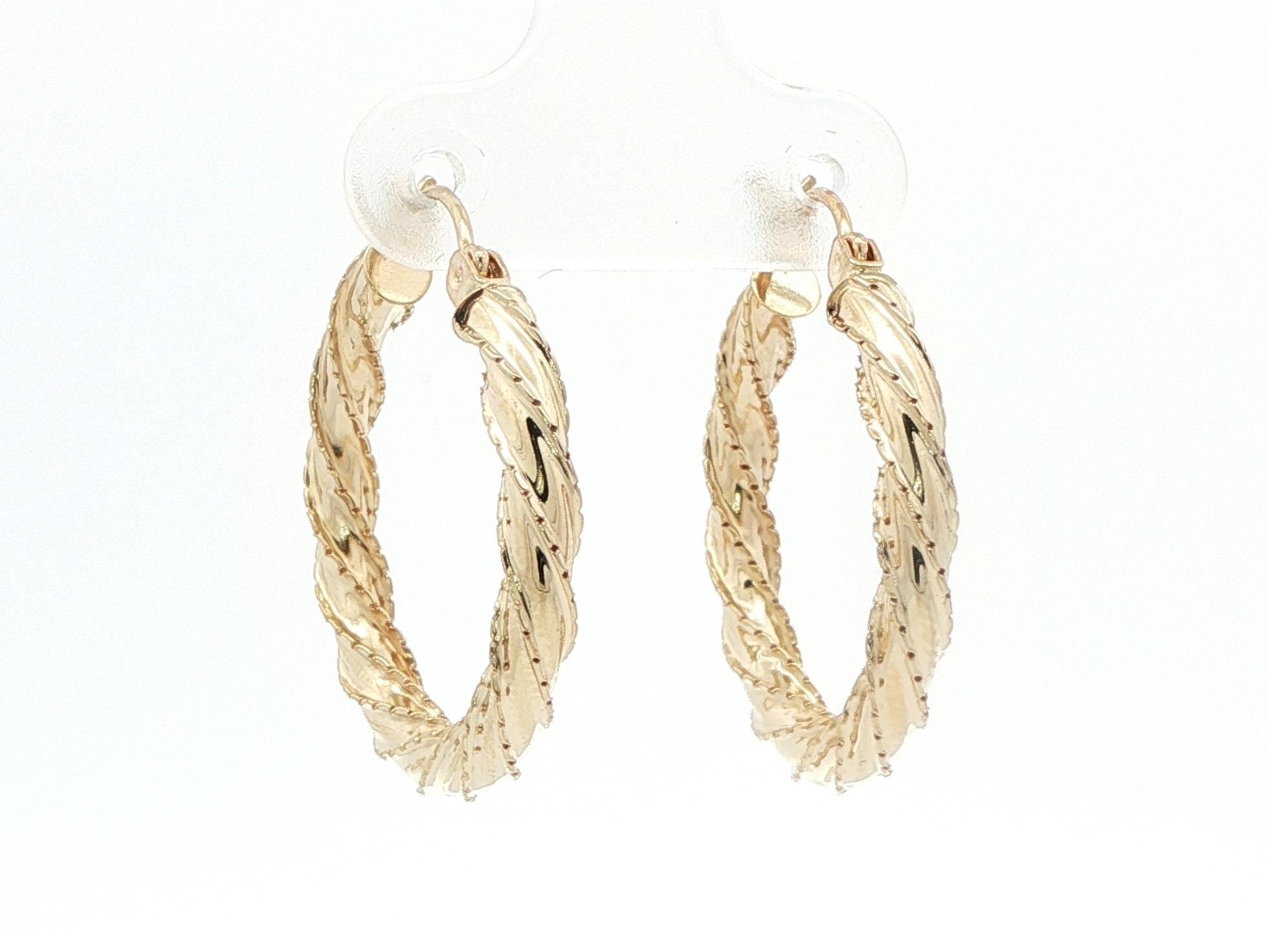 Estate Piece: Hollow Textured Twisted Yellow Gold Hoop Earrings