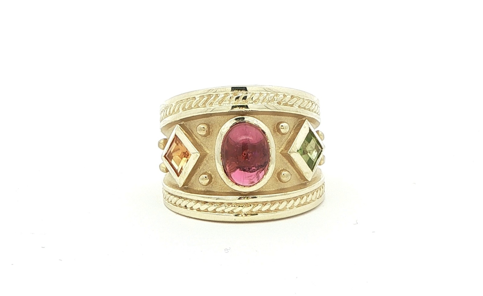 Estate Piece: 3-Stone Wide Etrusscan-Style Pink Tourmaline and Citrine and Peridot Ring in Yellow Gold (1.50cts TWT)