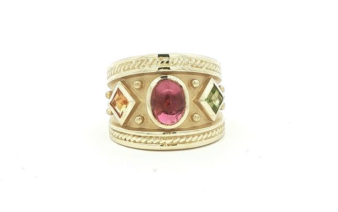 content/products/Estate Piece: 3-Stone Wide Etrusscan-Style Pink Tourmaline and Citrine and Peridot Ring in Yellow Gold (1.50cts TWT)