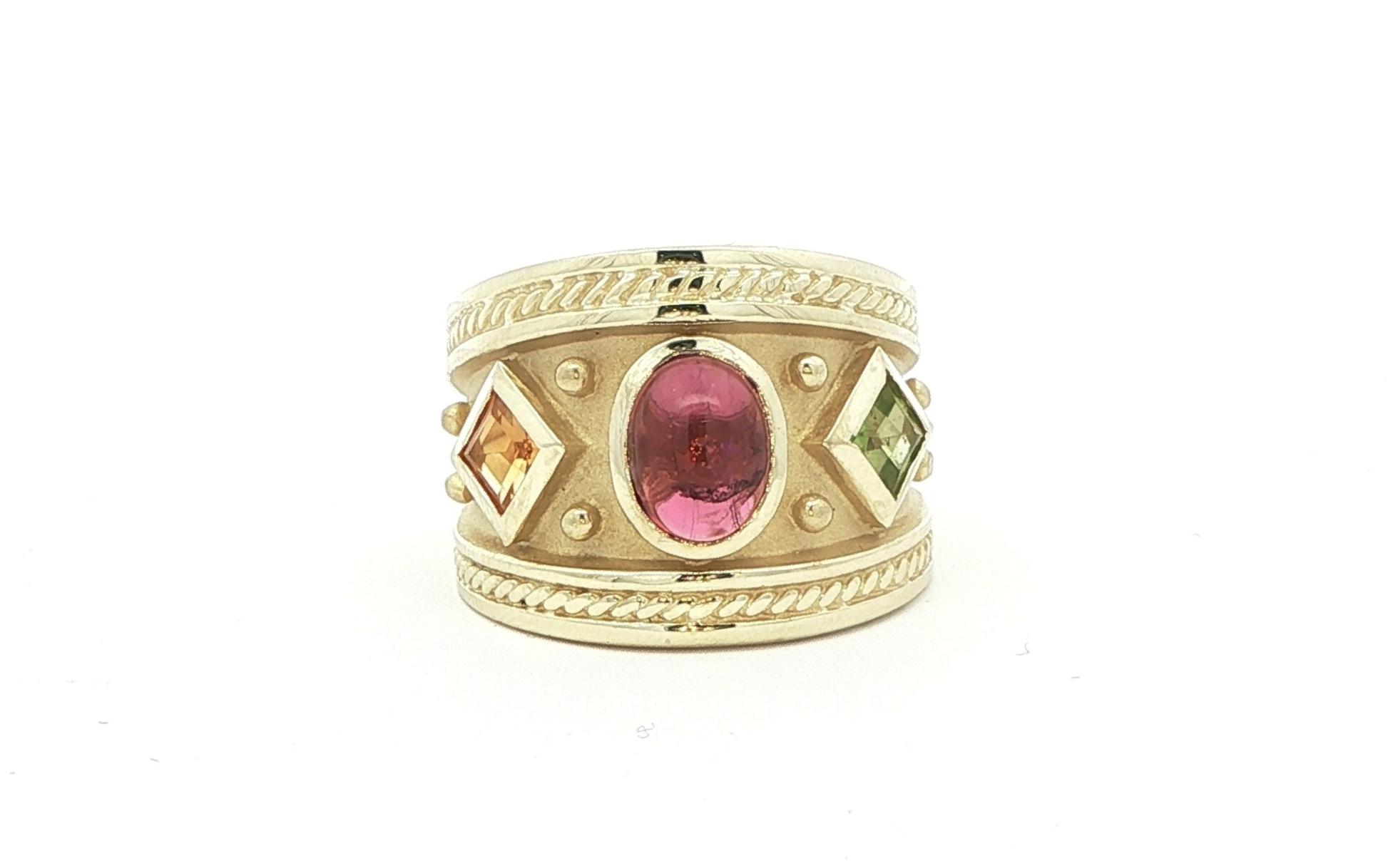 Estate Piece: 3-Stone Wide Etrusscan-Style Pink Tourmaline and Citrine and Peridot Ring in Yellow Gold (1.50cts TWT)
