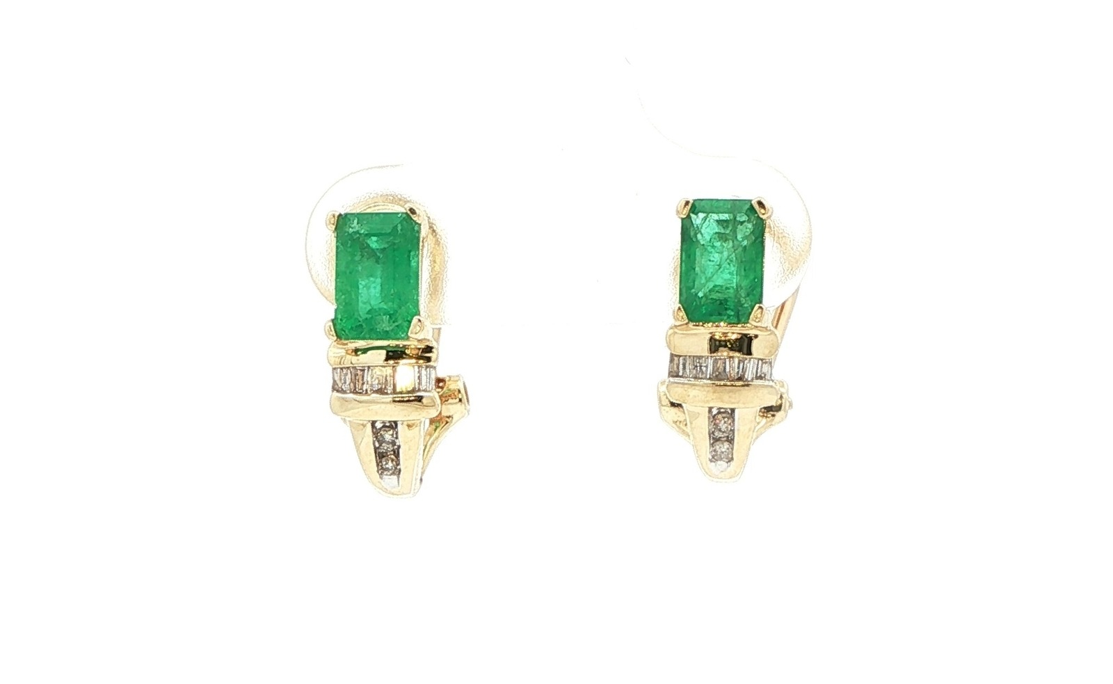 Estate Piece: Prong-Set Emerald with Channel-Set Diamond Accent Omega-Back Earrings in Yellow Gold (1.14cts TWT)