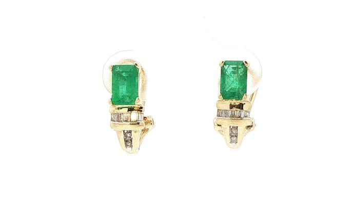 content/products/Estate Piece: Prong-Set Emerald with Channel-Set Diamond Accent Omega-Back Earrings in Yellow Gold (1.14cts TWT)