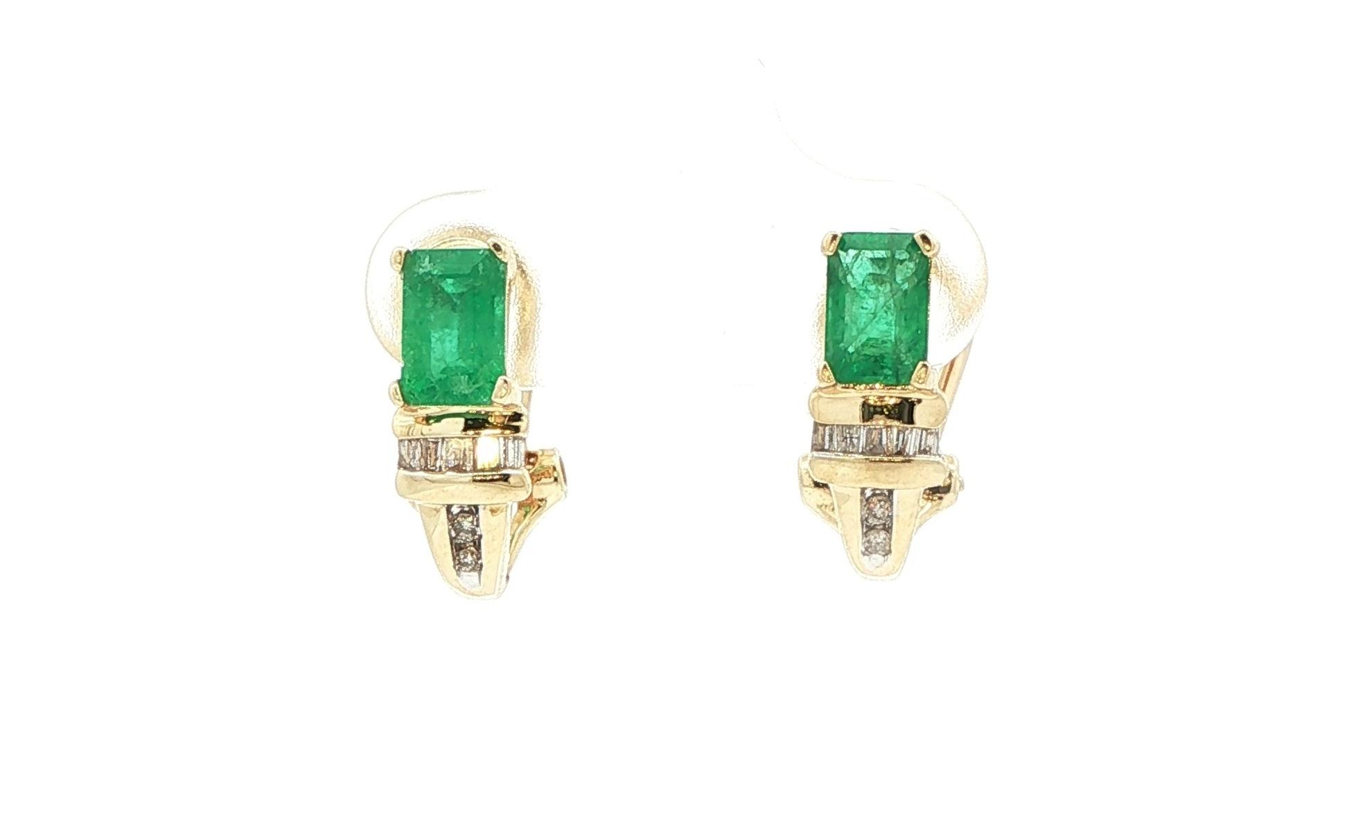 Estate Piece: Prong-Set Emerald with Channel-Set Diamond Accent Omega-Back Earrings in Yellow Gold (1.14cts TWT)