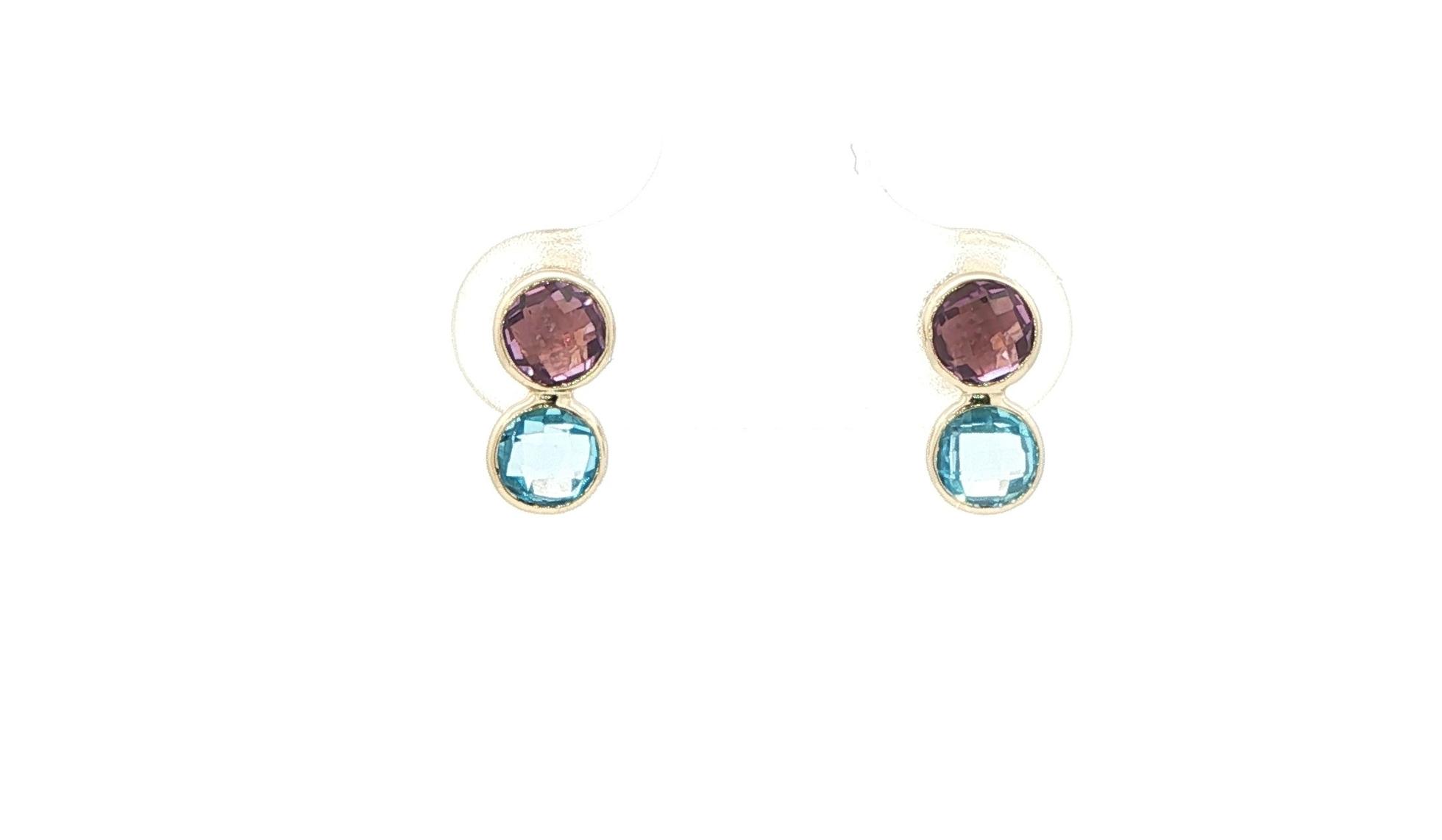 Two-Stone Bezel-Set Amethyst and Blue Topaz Earrings in Yellow Gold (1.00cts TWT)