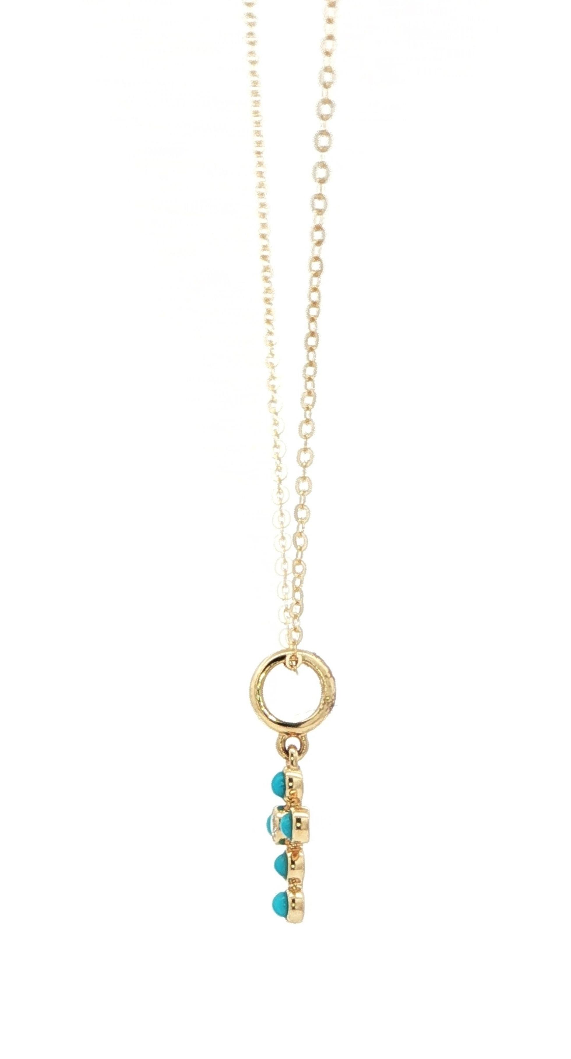 Mini Turquoise and Diamond Cross Necklace in Yellow Gold (0.10cts TWT) side