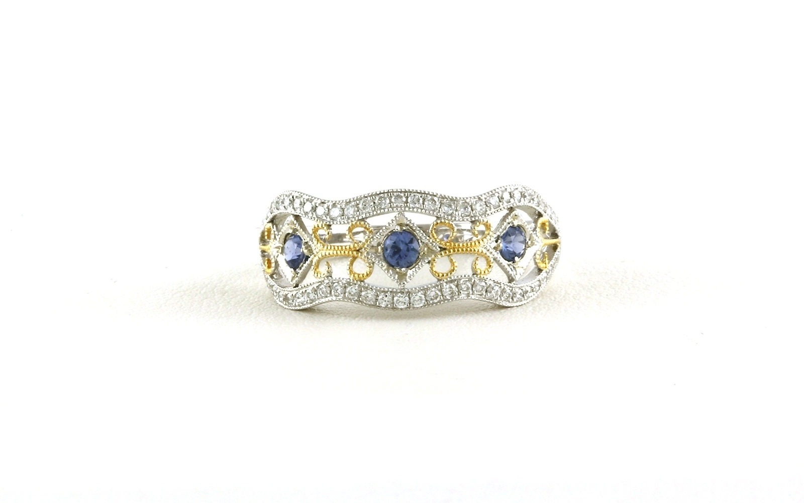Two Tone Montana Yogo Sapphire and Diamond Wide Filigree Band in White and Yellow Gold (0.59cts TWT)