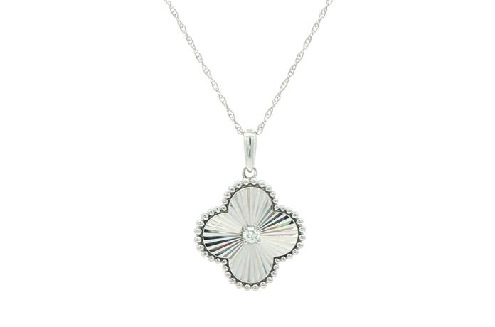 content/products/Diamond Solitaire Beaded Fluted Clover Necklace in White Gold (0.04ct)