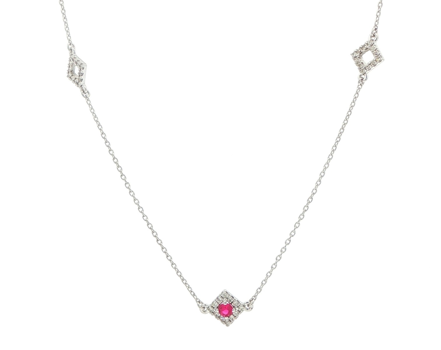 Ruby with Diamond Halo Station Necklace in White Gold (0.25cts TWT)