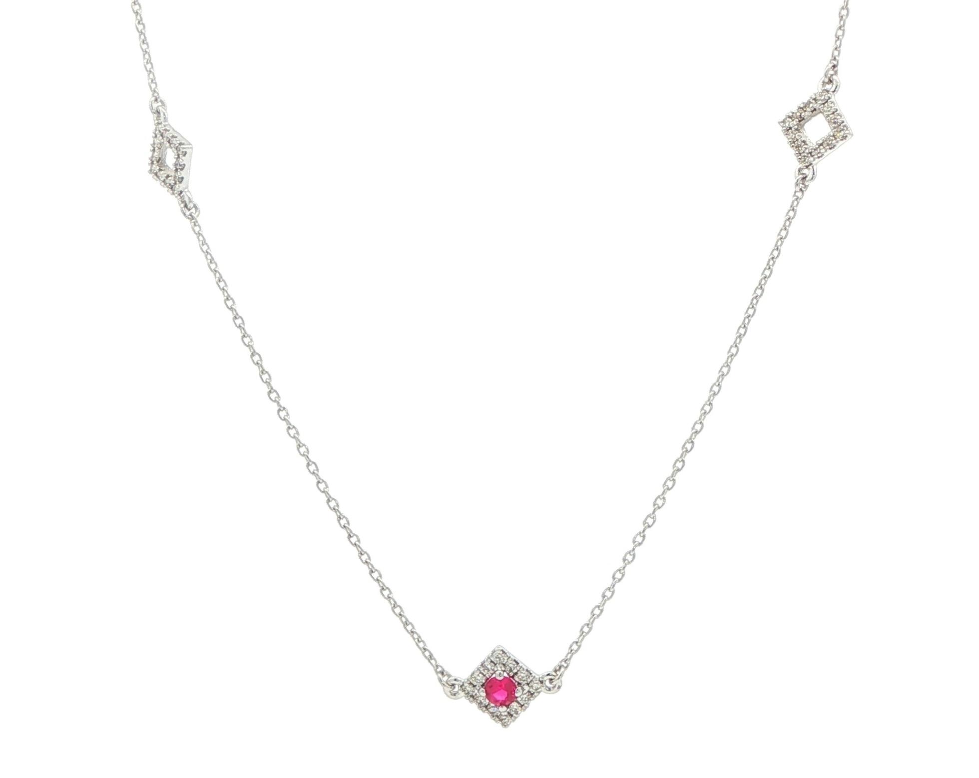 Ruby with Diamond Halo Station Necklace in White Gold (0.25cts TWT)