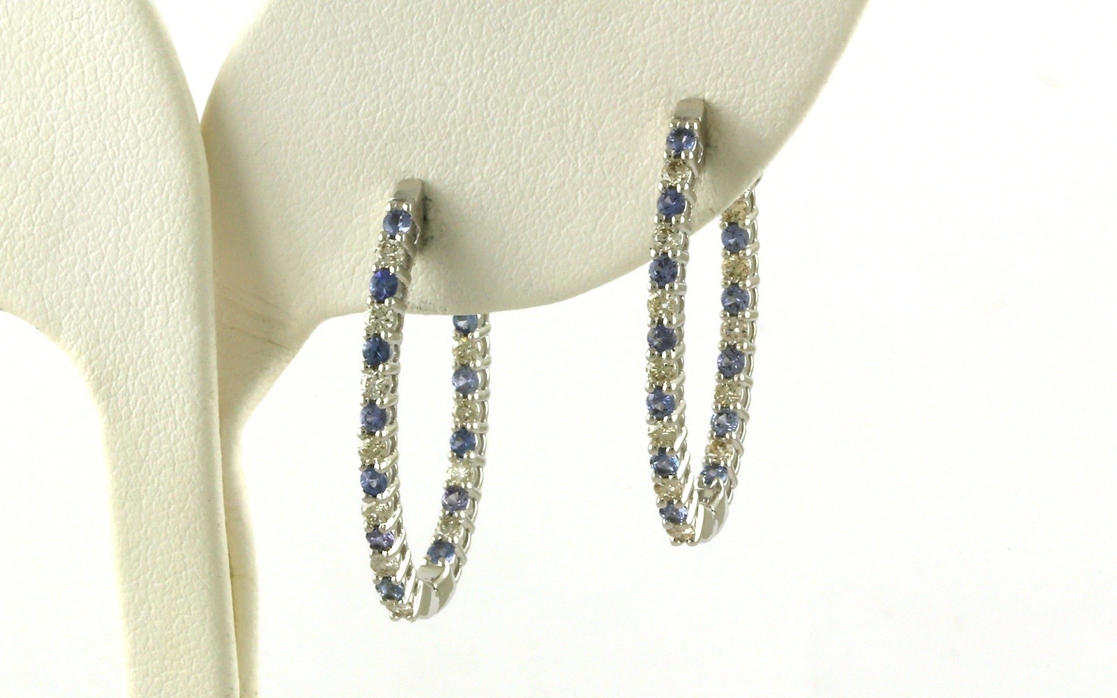 Alternating Montana Yogo Sapphire and Diamond Prong-Set Elongated Inside Outside Hoop Earrings in White Gold (1.00cts TWT)