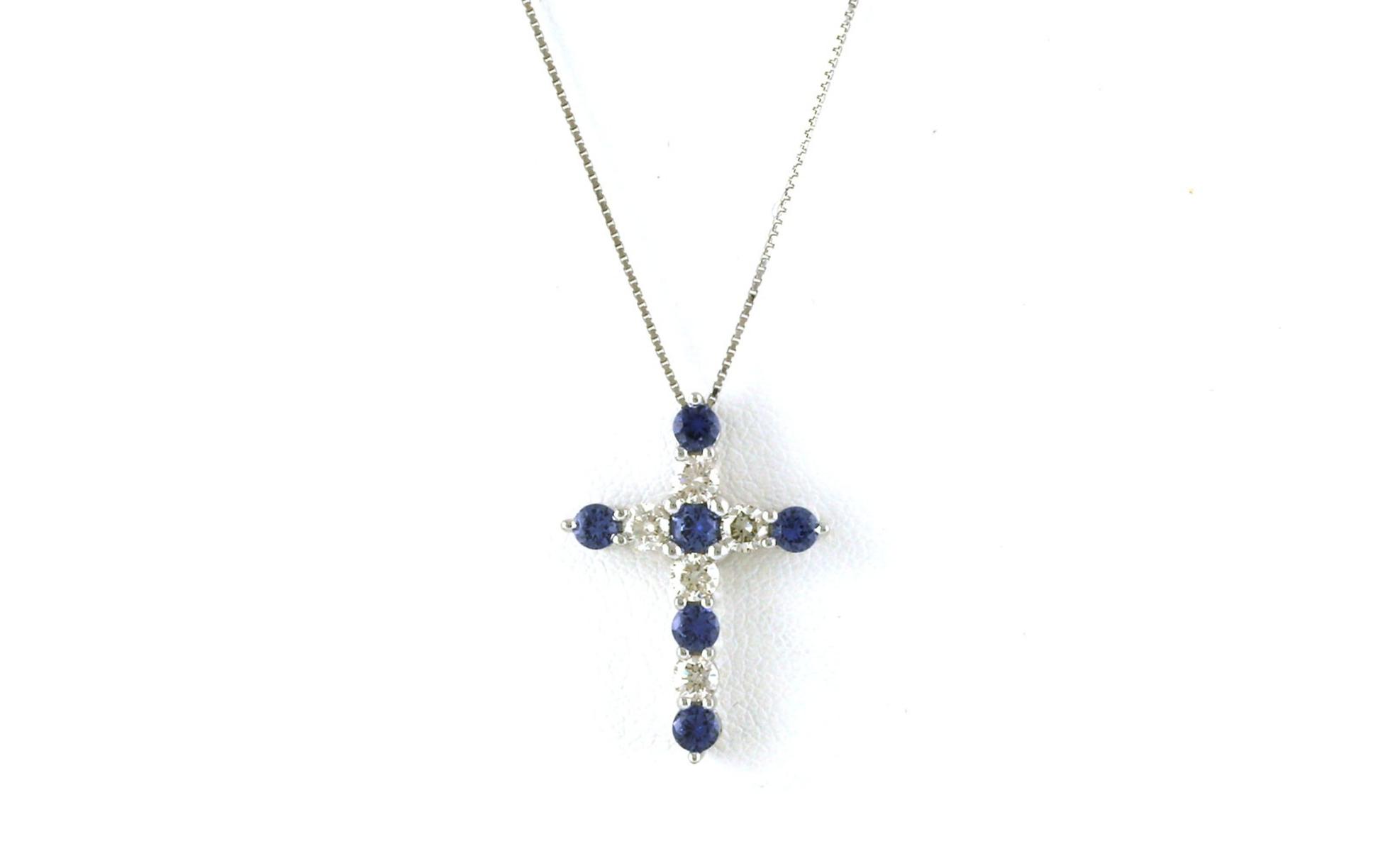 Alternating Montana Yogo Sapphire and Diamond Cross Necklace in White Gold (1.125cts TWT)