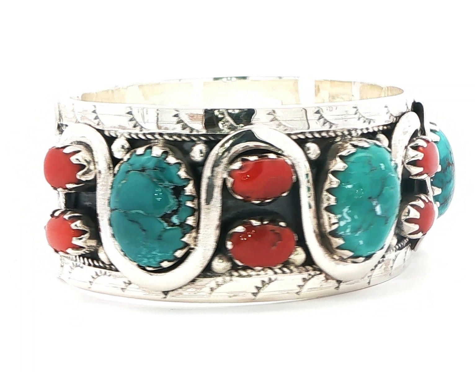 Estate Piece: Turquoise and Coral Cuff Bracelet in Sterling Silver
