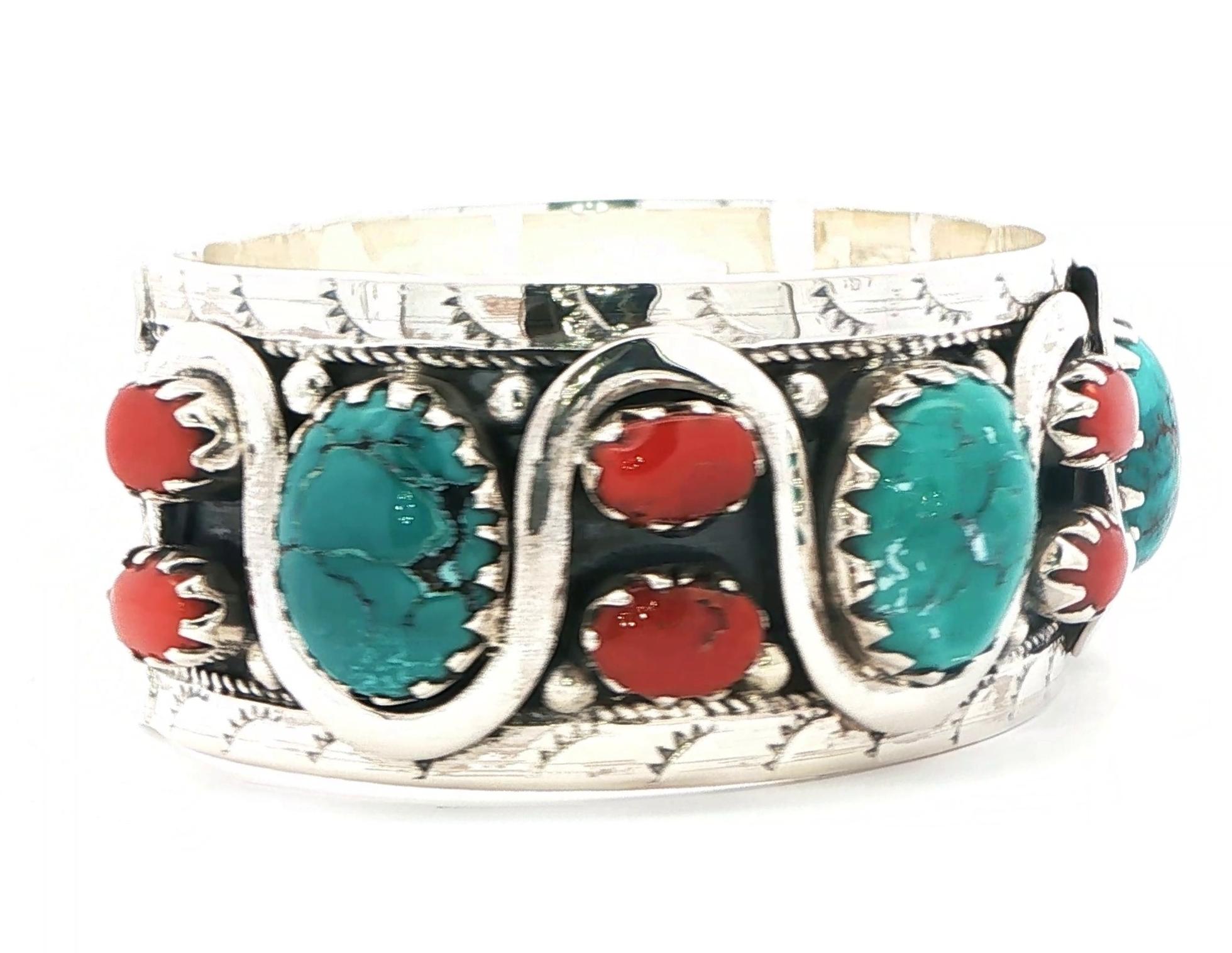 Estate Piece: Turquoise and Coral Cuff Bracelet in Sterling Silver