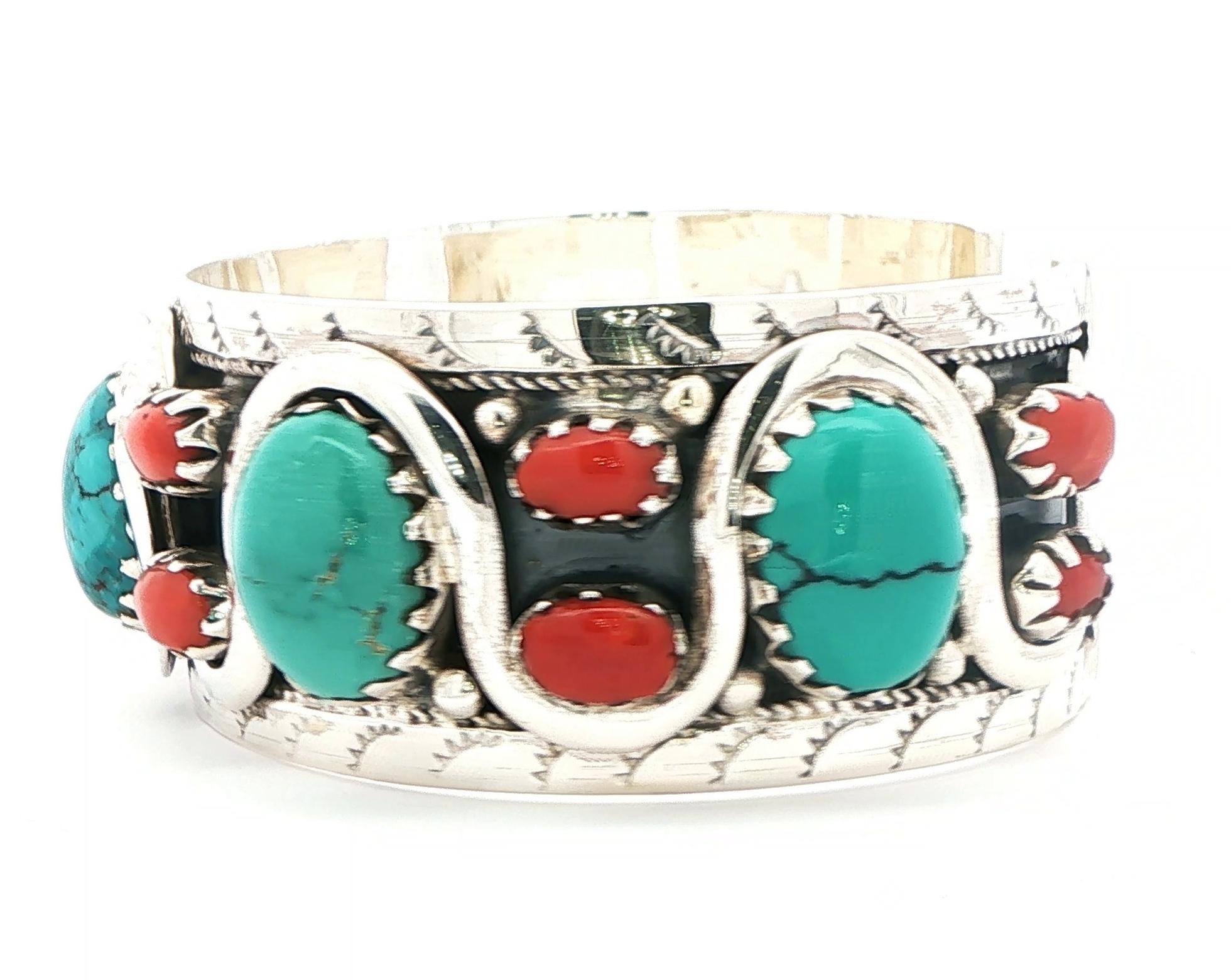 Estate Piece: Turquoise and Coral Cuff Bracelet in Sterling Silver side