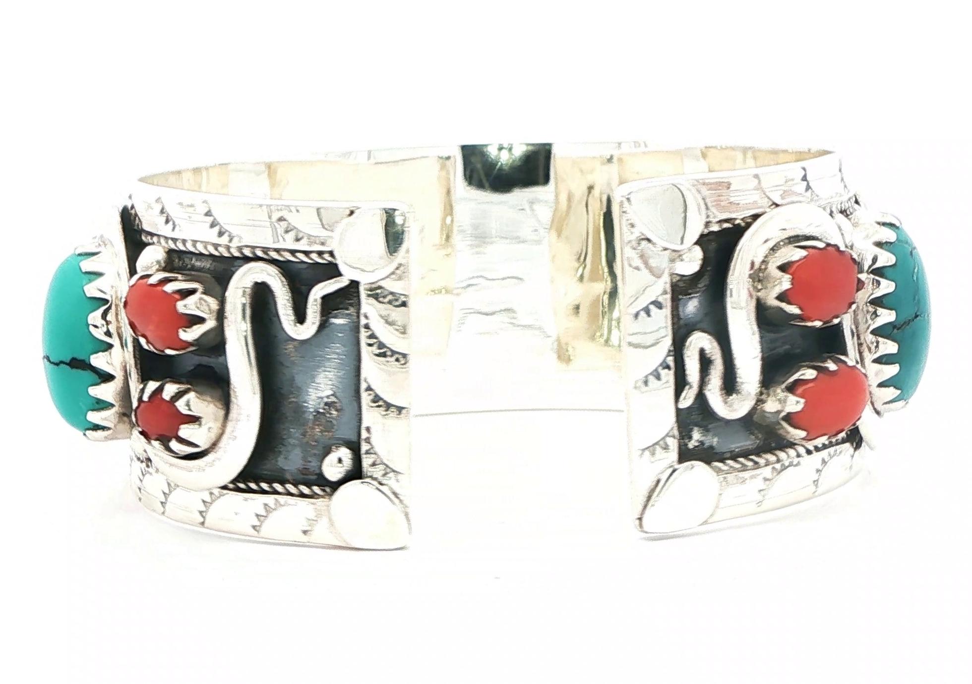 Estate Piece: Turquoise and Coral Cuff Bracelet in Sterling Silver back