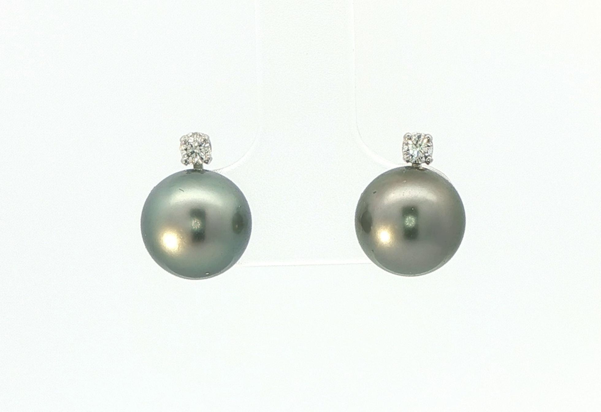 Estate Piece: 2-Stone Tahitian Pearl and Diamond Stud Earrings in White Gold (0.10cts TWT)