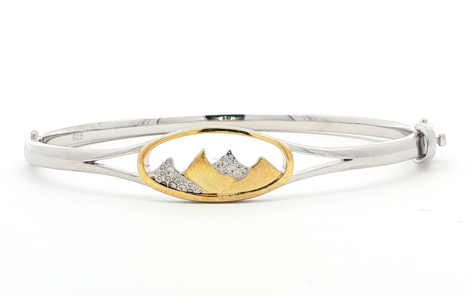 Oval Mountain Range Hinged Bangle Bracelet in Sterling Silver with Yellow Gold Plating