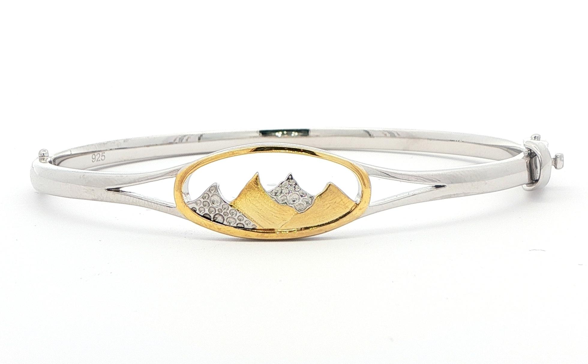 Oval Mountain Range Hinged Bangle Bracelet in Sterling Silver with Yellow Gold Plating