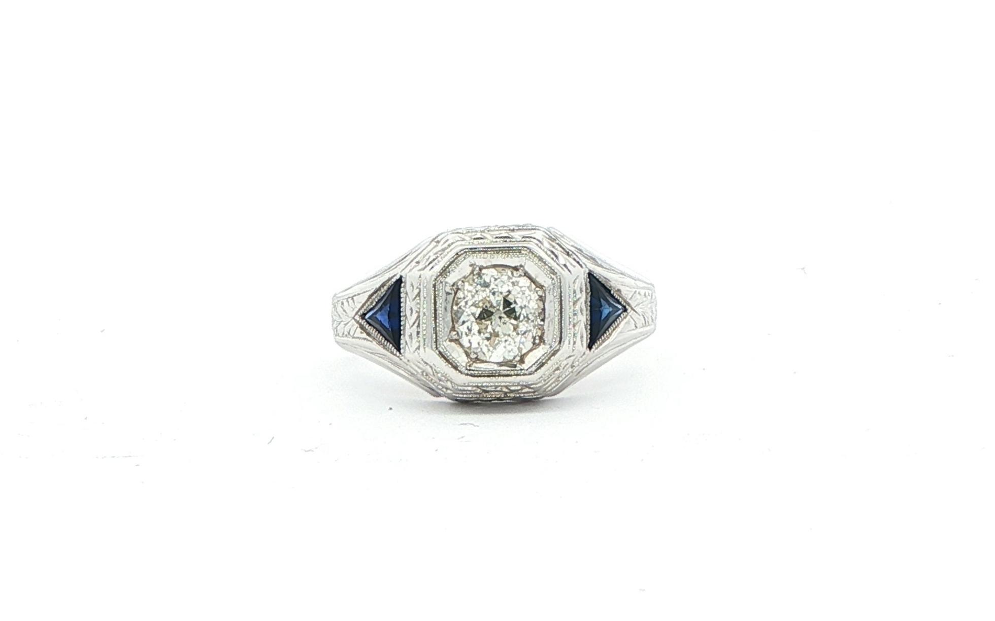 Estate Piece: Diamond and Sapphire Ring in White Gold (0.70ct)
