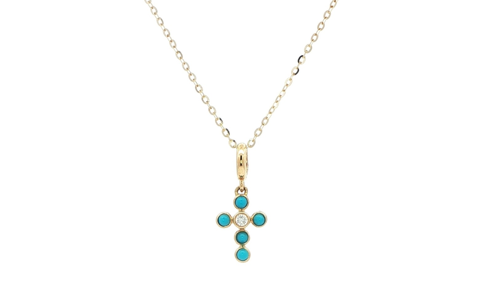 Mini Turquoise and Diamond Cross Necklace in Yellow Gold (0.10cts TWT)