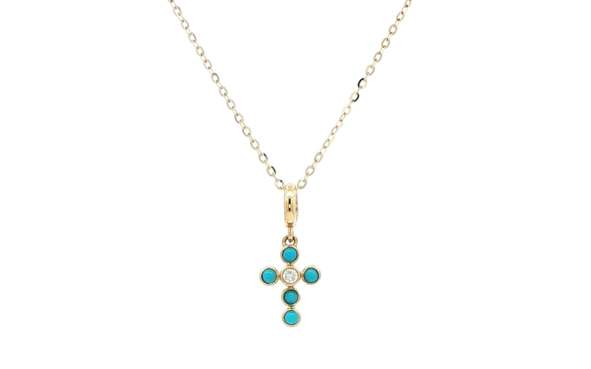 Mini Turquoise and Diamond Cross Necklace in Yellow Gold (0.10cts TWT)