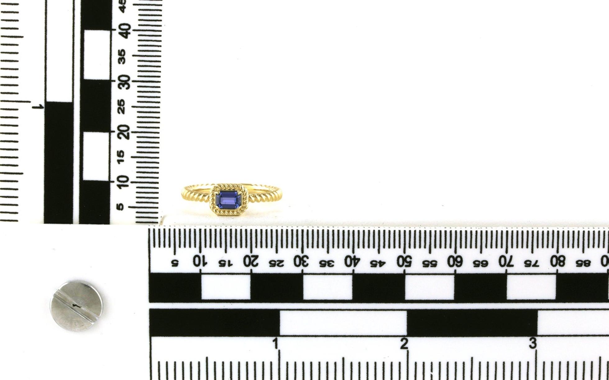Horizontal Emerald-Cut Montana Yogo Sapphire Ring With Beaded Band in Yellow Gold (0.34cts TWT) scale