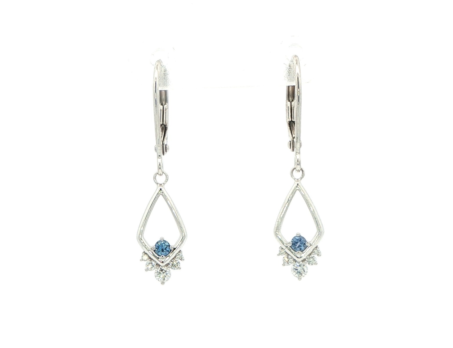 Elongated Kite Montana Yogo Sapphire Diamond Dangle Earrings in White Gold (0.22cts TWT)